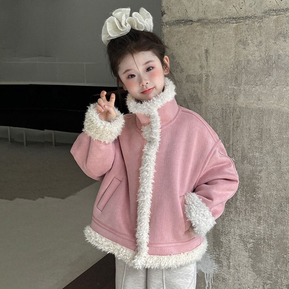 甜心羊羔絨拼接外套-粉色