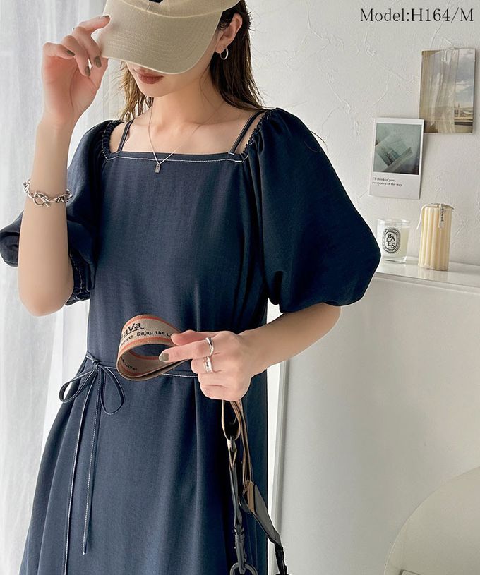 日本 Classical Elf - 典雅2way露肩腰綁帶泡泡袖洋裝-摩卡棕