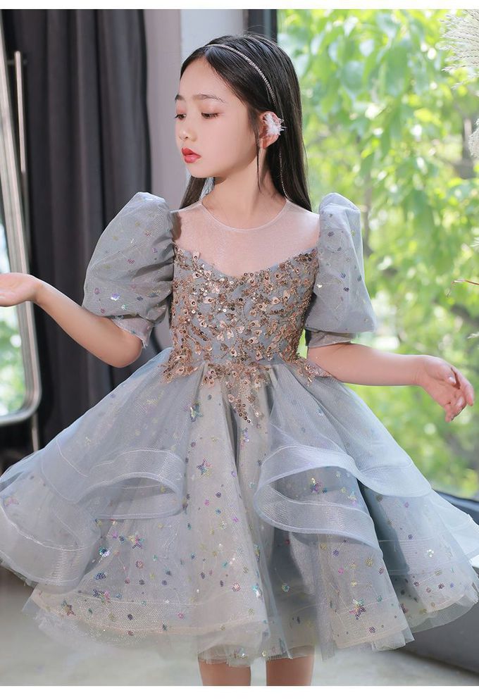 公主風立體紗裙短袖禮服-亮片星空-香檳色