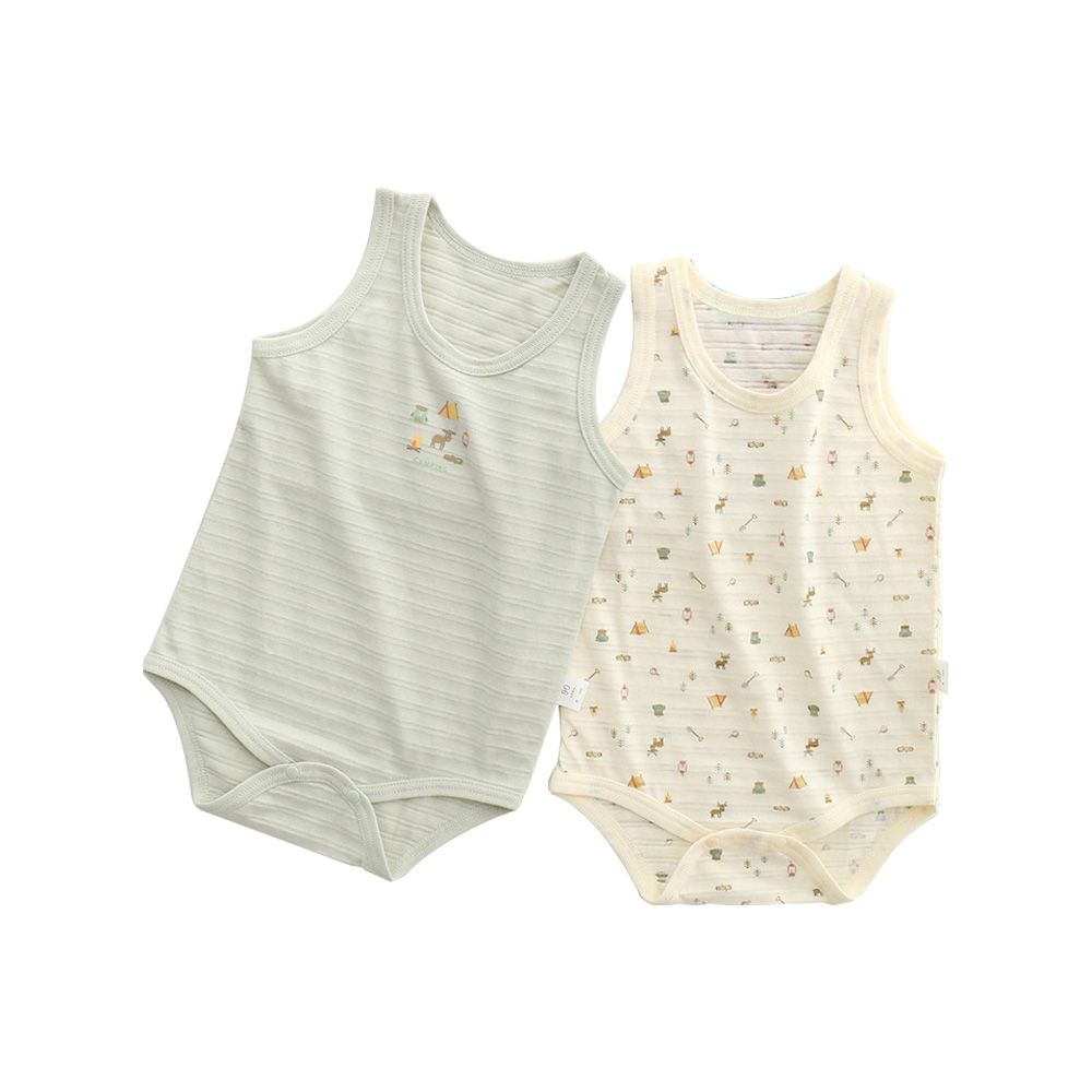 2件入-純棉無袖包屁衣 薄棉春夏嬰兒服 連身衣 睡衣-綠色小鹿2件組