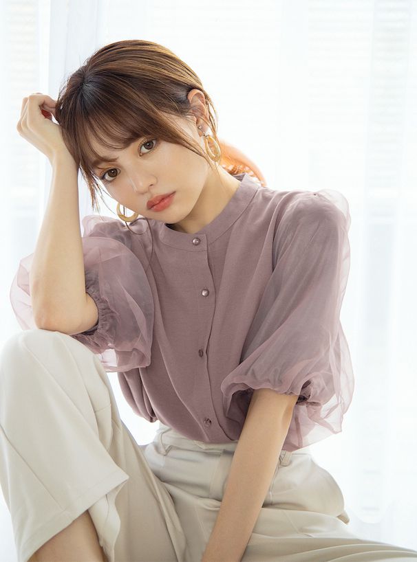 日本 GRL - 微立領薄紗拼接短袖襯衫-煙燻粉 (F)