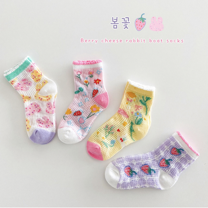 love, charlotte - 草莓花花薄款短筒棉襪-4 雙一組