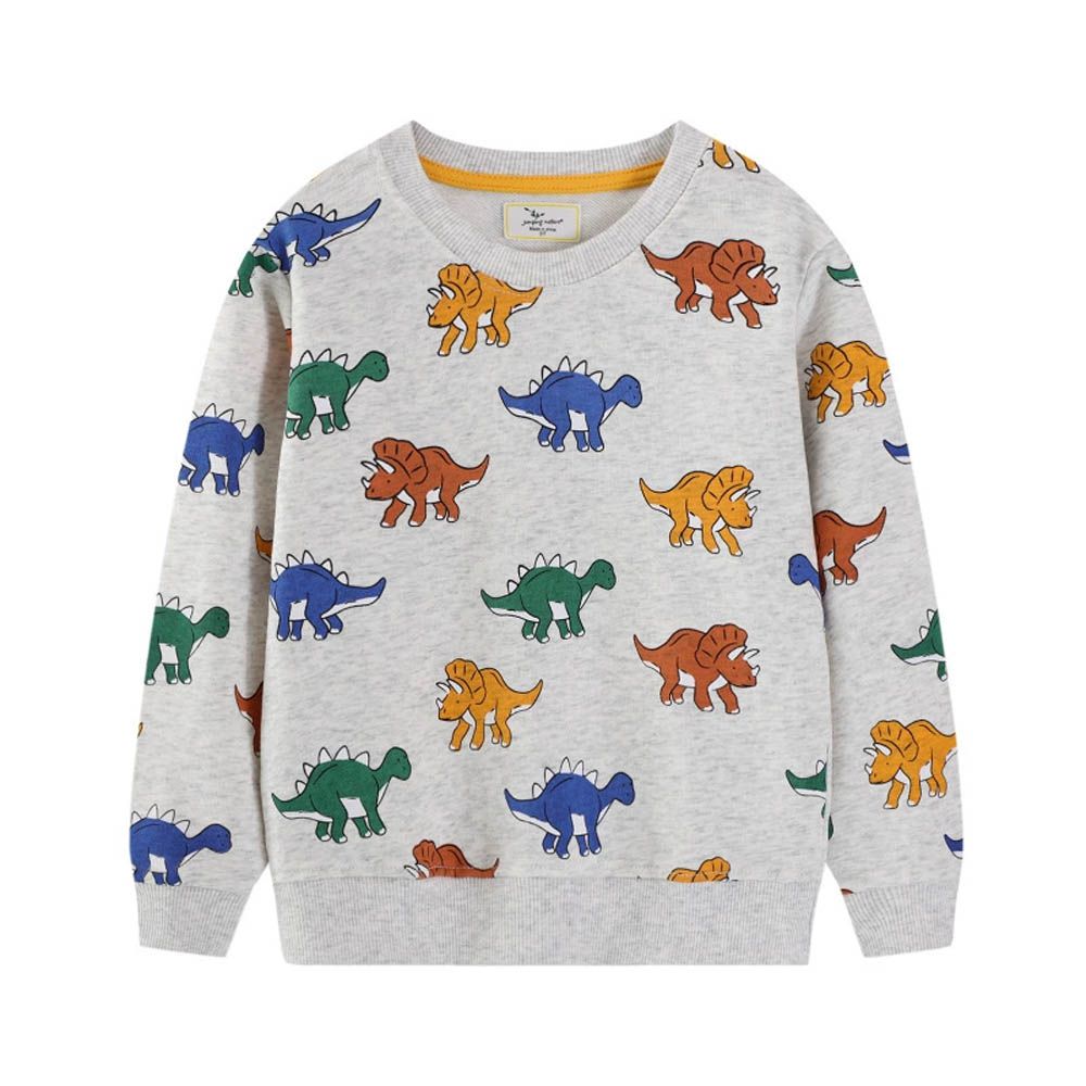 圓領棉質長袖上衣/大學T-彩色小恐龍-灰色