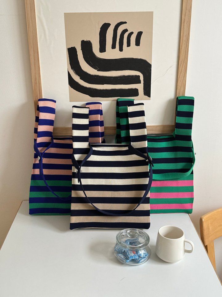 韓國 SOPHIENBONNE - 橫紋撞色針織手提/肩背包-米白X卡其 (M)