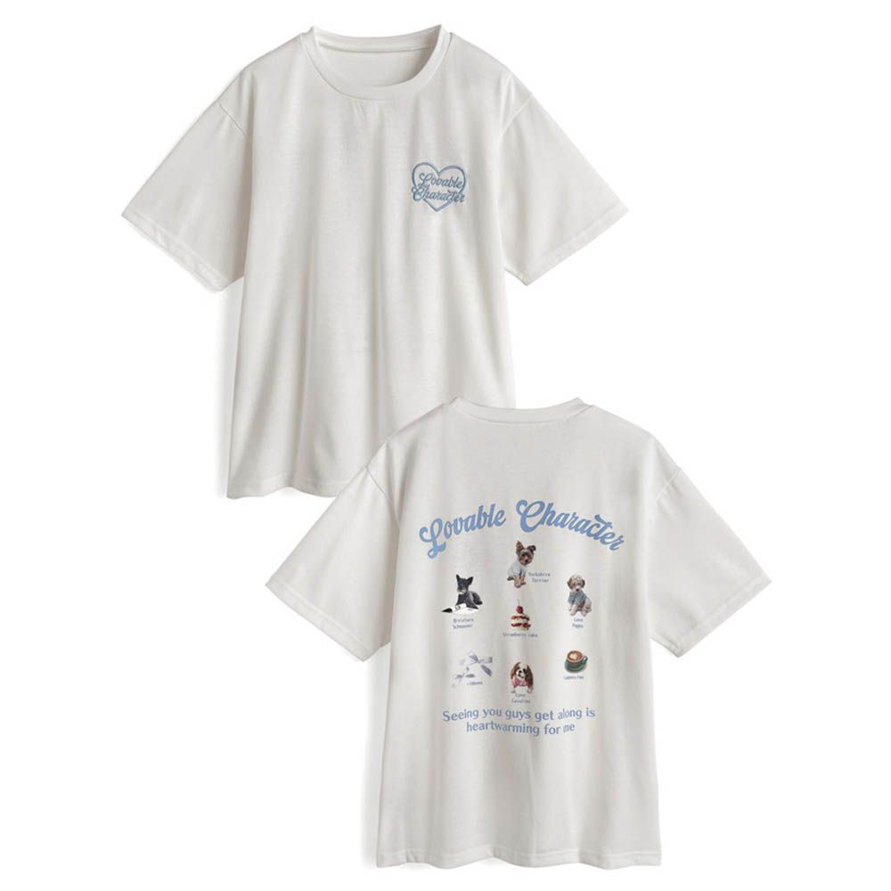 logo刺繡可愛印花T恤-狗狗好朋友-白 (F)