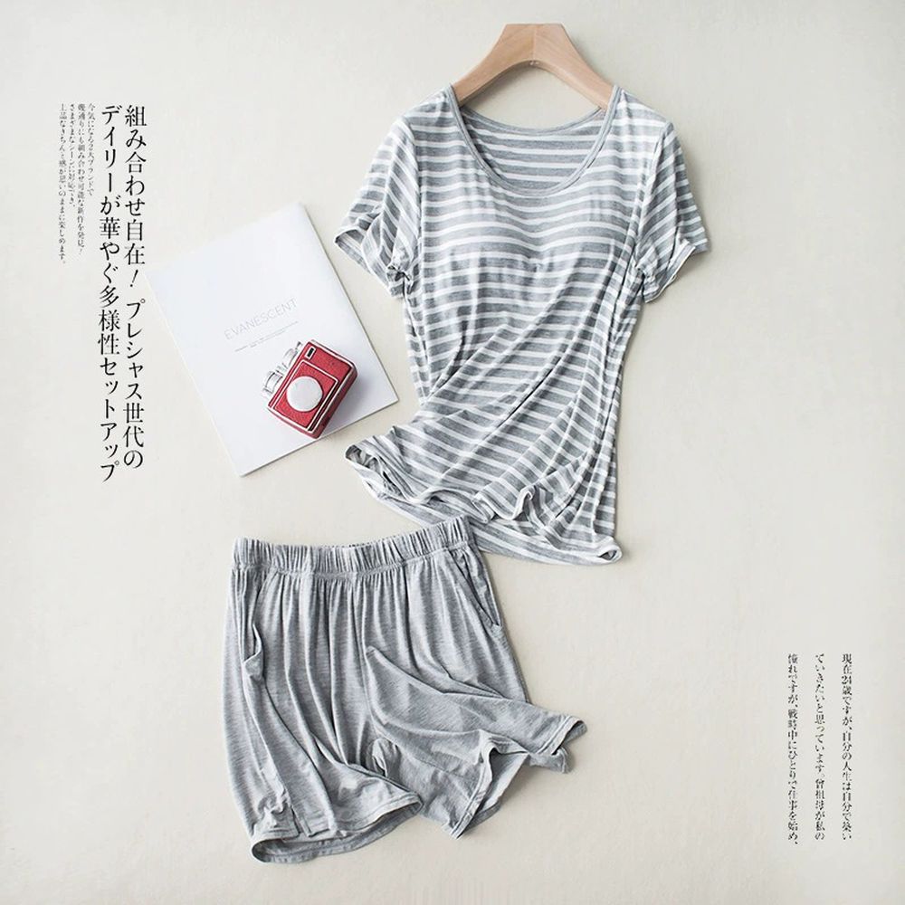 莫代爾絲柔Bra家居服套裝-短袖X短褲-灰白條紋