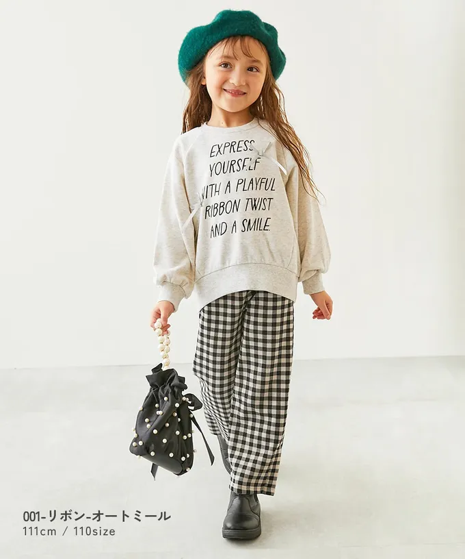 日本 devirock - 可愛女孩印花縮口長袖上衣-下擺開岔-燕麥X炭灰