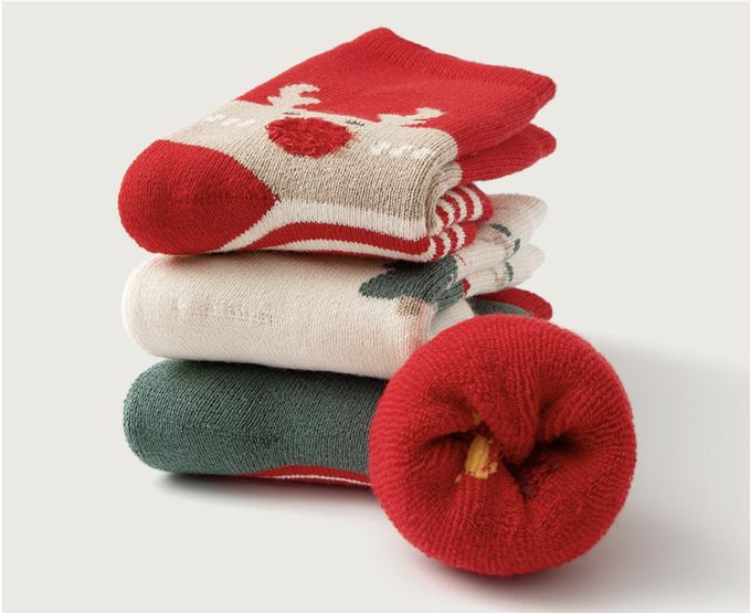 love, charlotte - 卡通聖誕主題無骨加厚毛圈內裡中筒棉襪(腳長7cm起)-5 雙一組