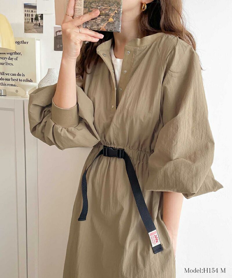 日本 Classical Elf - 簡約休閒抽繩收腰洋裝-卡其