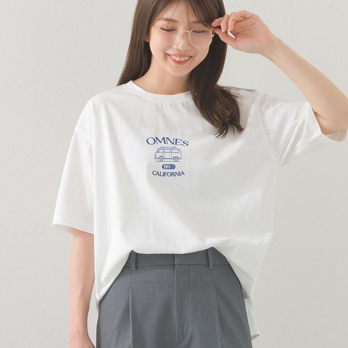 日本 OMNES - 純棉印花休閒短袖上衣-加州露營車-白
