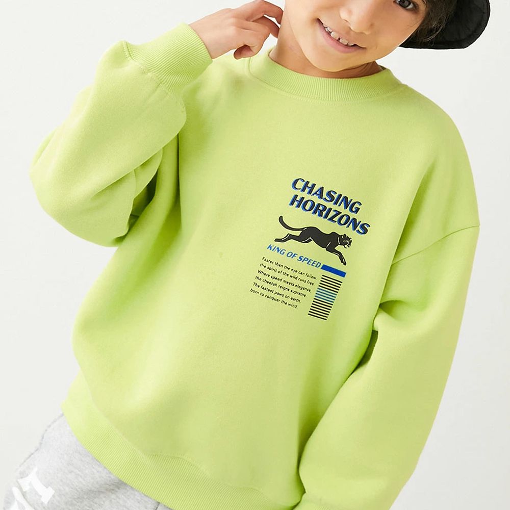 熱銷定番 裏起毛落肩大學長袖上衣-獵豹-黃綠