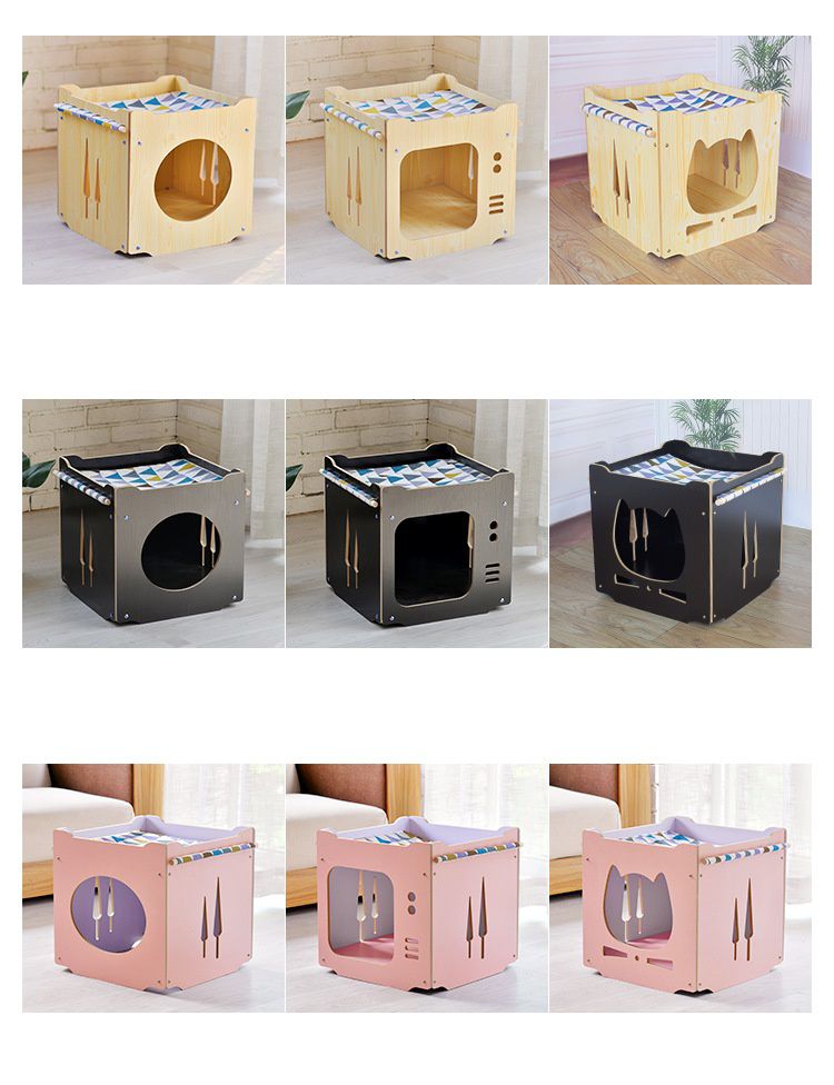 封閉式木質簡約貓窩(需組裝)-電視紅松款+墊子-咖啡色