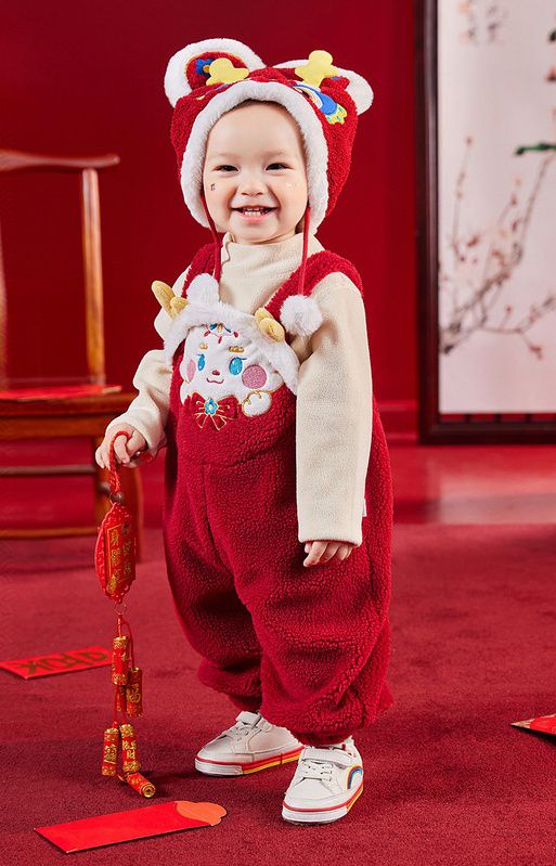 喜氣拜年毛絨暖暖造型吊帶長褲-立體紳士龍寶寶-紅色