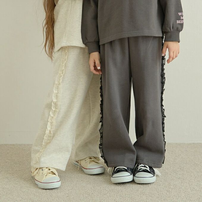 日本 Lycee mine - 側邊薄紗荷葉休閒長褲(不易起毛球)-炭灰