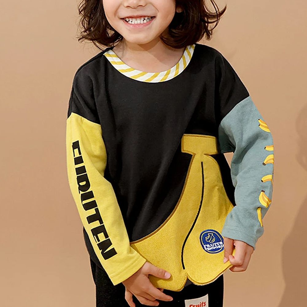 水果樂園 燈芯絨香蕉撞色長袖上衣-黑