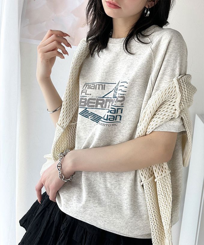 日本 Classical Elf - 前後2way復古標語印花五分袖上衣-淺灰