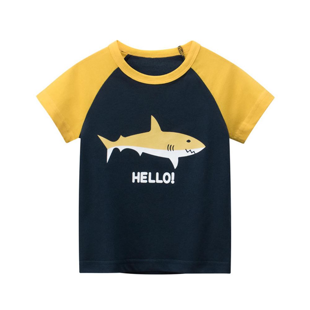 純棉短袖上衣-HELLO！鯊魚-藍+黃