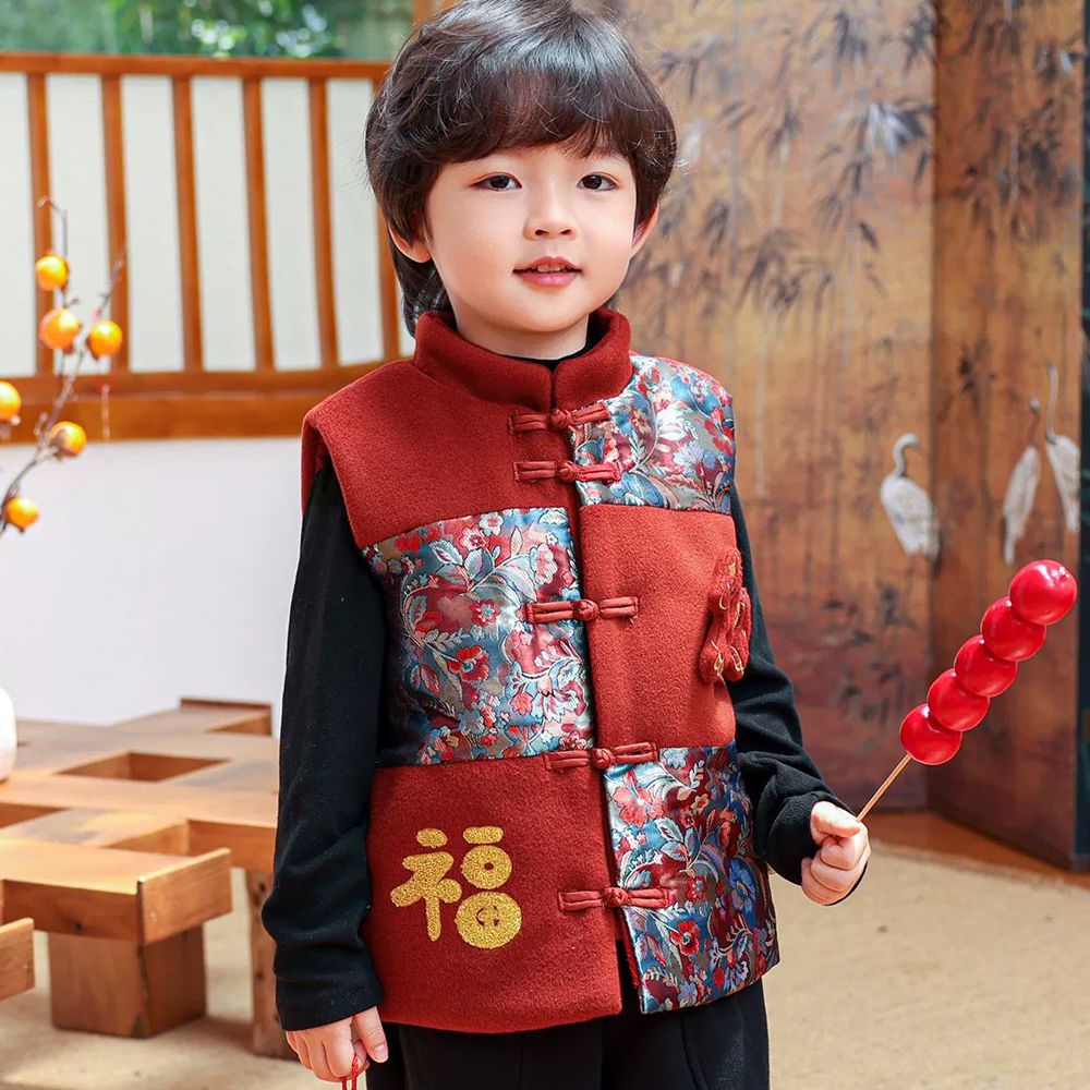 盤扣鋪棉保暖背心-福馬迎春-紅色