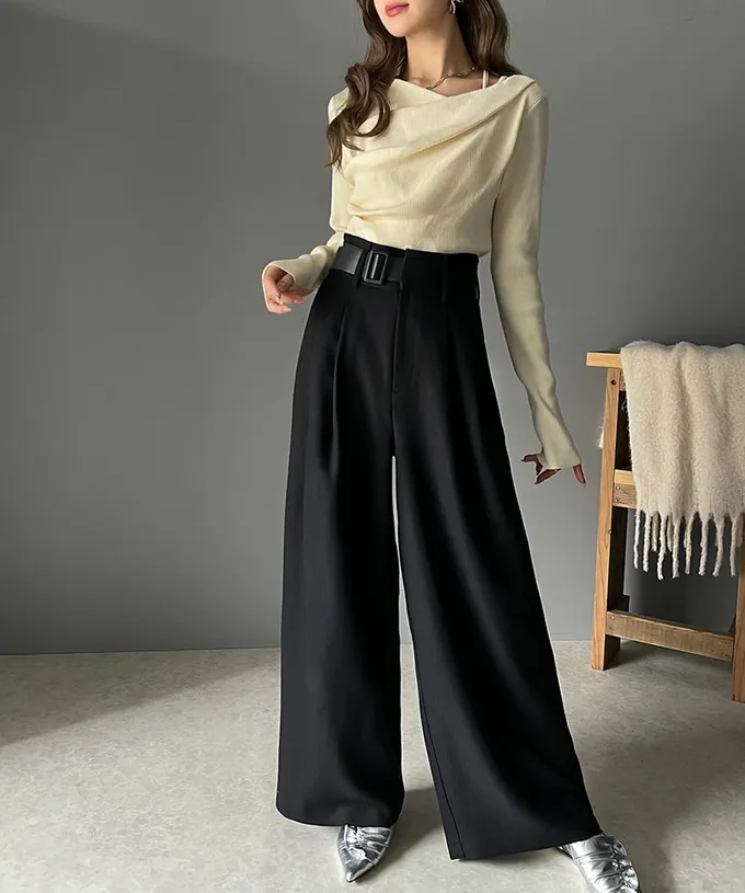 日本 Classical Elf - 腰帶造型粗花呢高腰美腿寬褲-炭灰