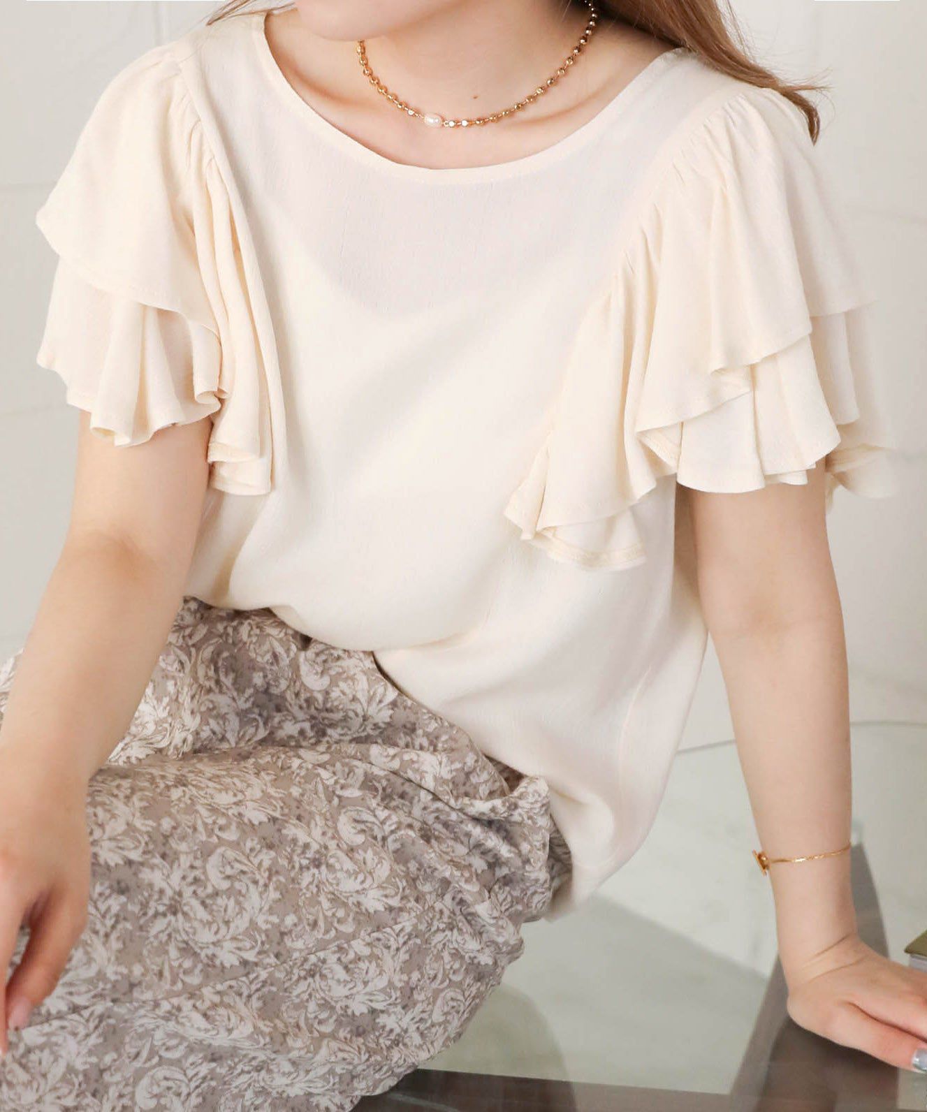 日本 Bab - 後綁帶浪漫荷葉袖上衣-淺綠