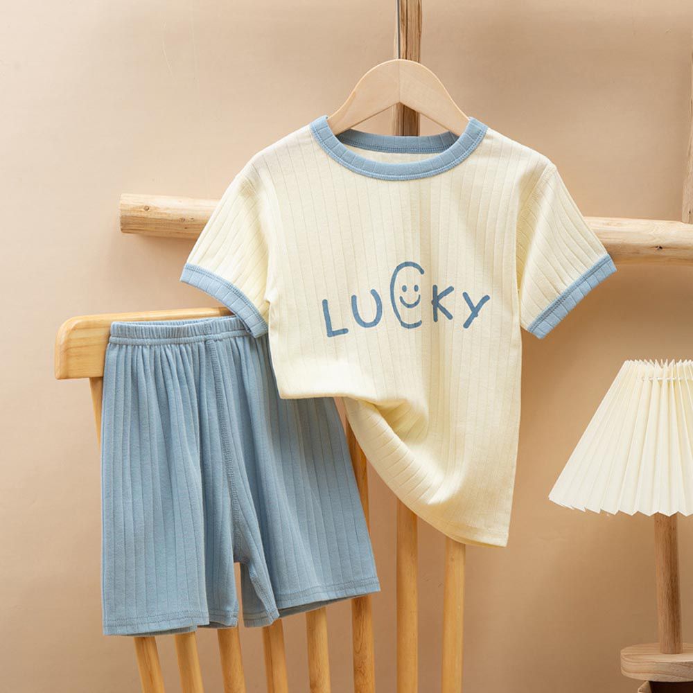 棉質涼爽透氣家居服套裝/空調服-LUCKY-藍