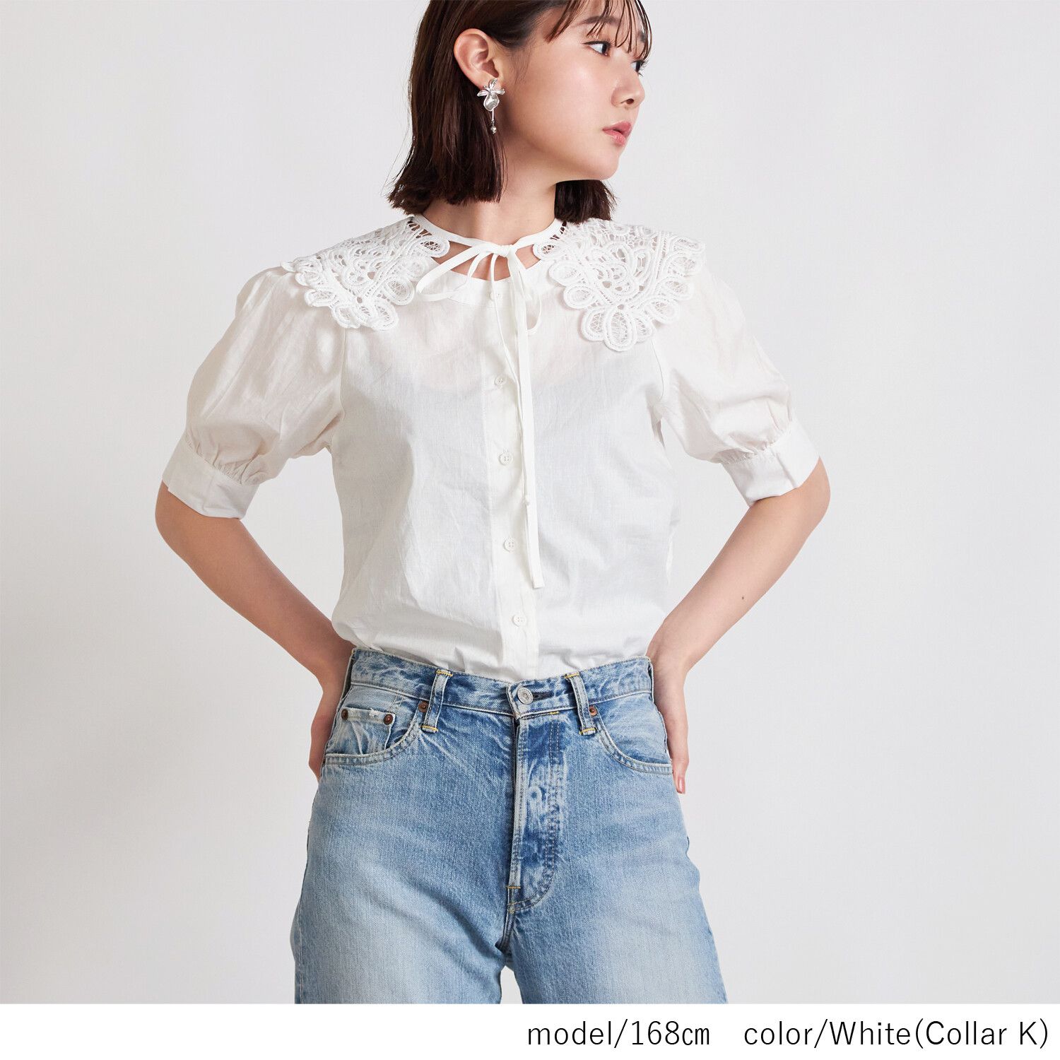 日本女裝代購 - 古典雕花綁帶領 X 五分袖上衣組合-L花瓣弧形-白 (M(Free size))