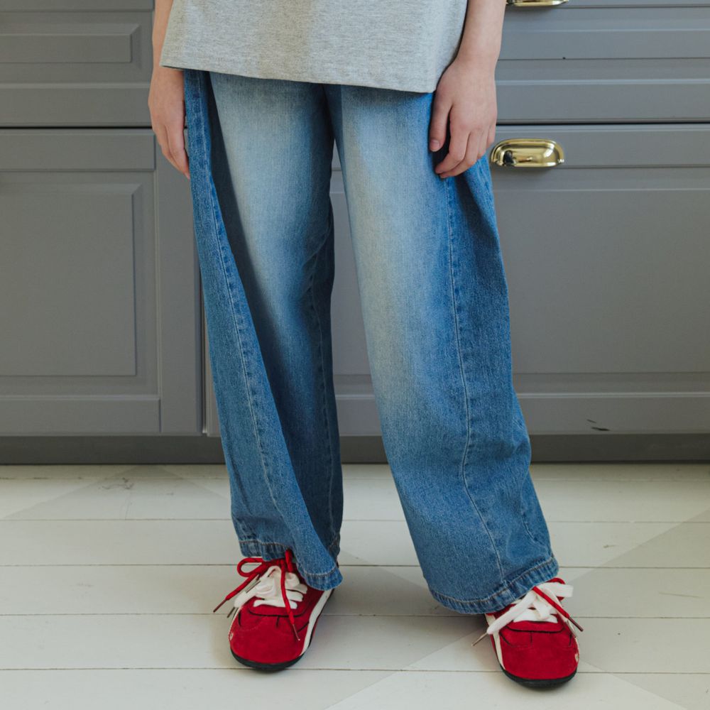 sm2 鬆緊腰丹寧錐形彎刀褲-中青