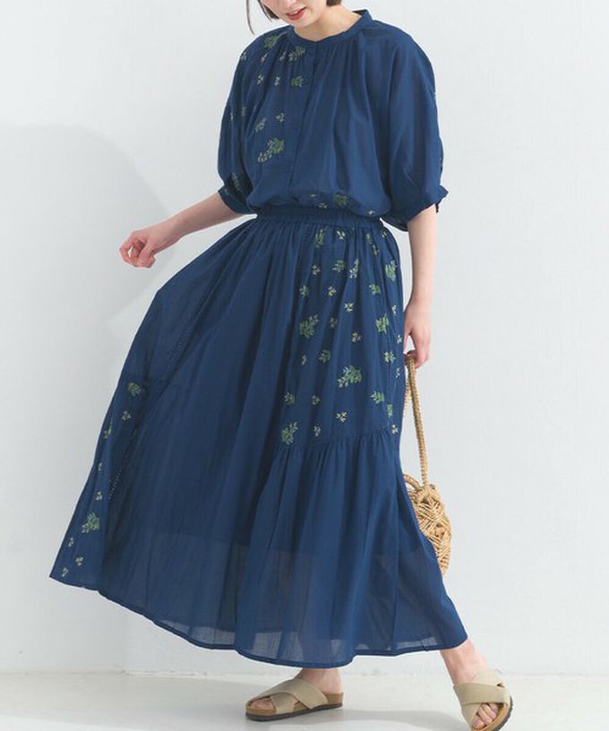 日本 Lupilien - 100%印度棉 優美植物刺繡長裙-海軍藍