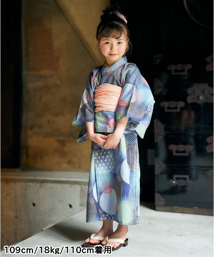 日本 apres les cours - 華麗腰帶風純棉二件式浴衣-椿花-紅藍條紋