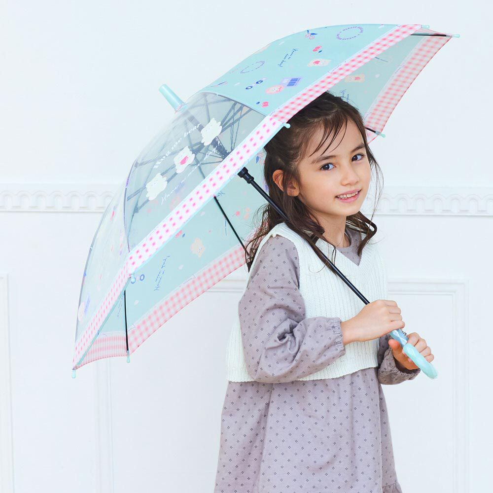 日本中谷 - 透明窗設計兒童雨傘/直傘-熊熊格紋-薄荷綠 (50cm(身高115-125cm))