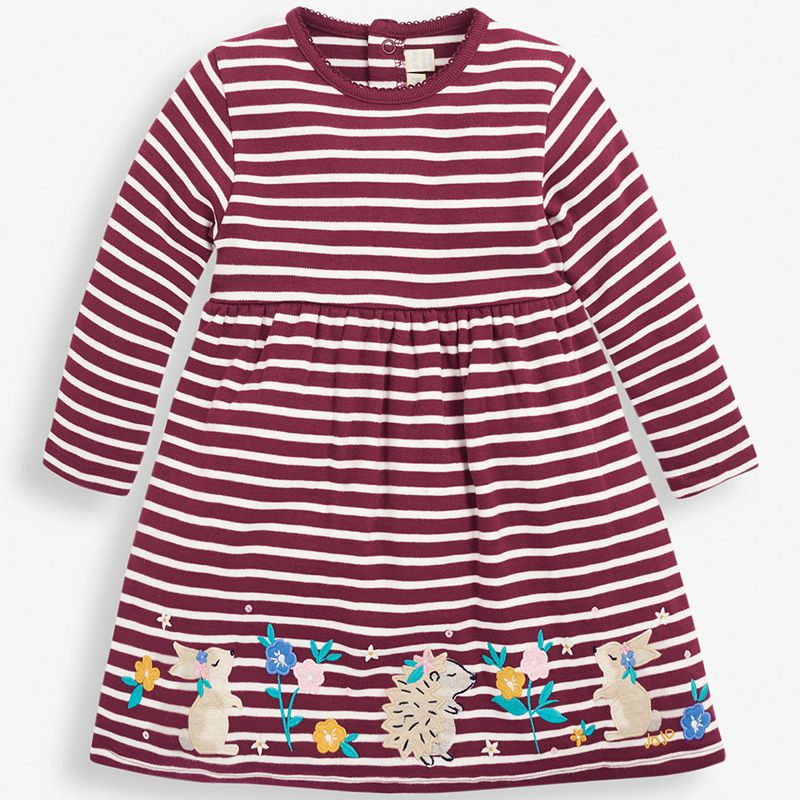 英國 JoJo Maman BeBe - 嬰幼兒/兒童100％純棉長袖洋裝-條紋花花兔