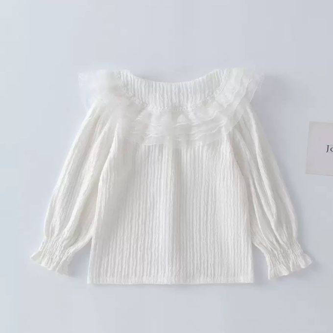 love, charlotte - 歐美系荷葉花邊領口坑條薄針織上衣  童裝 上衣 素色 白色上衣