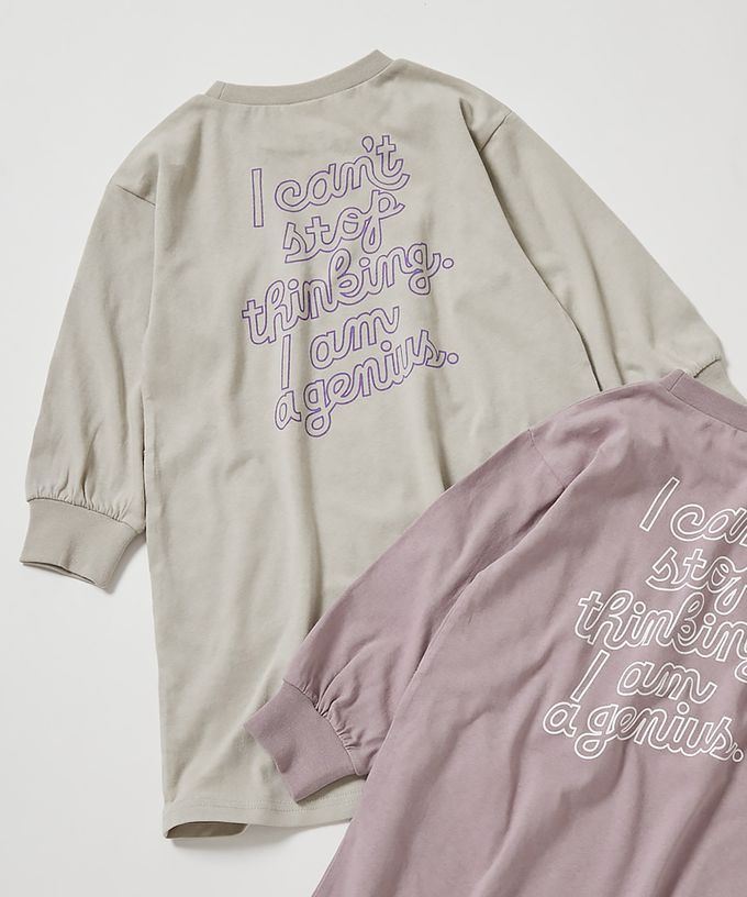 日本 devirock - 100%棉 女孩定番印花長袖洋裝-貓咪剪影-灰紫