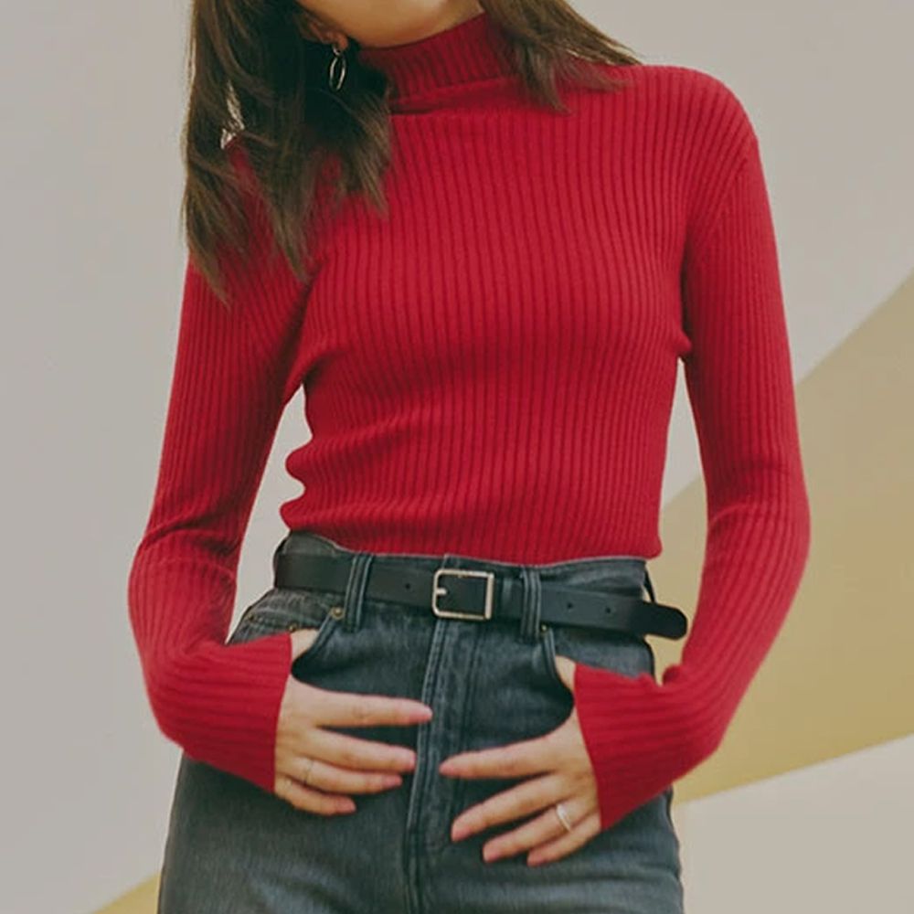 [定番]優美羅紋合身針織上衣(可選領)-紅