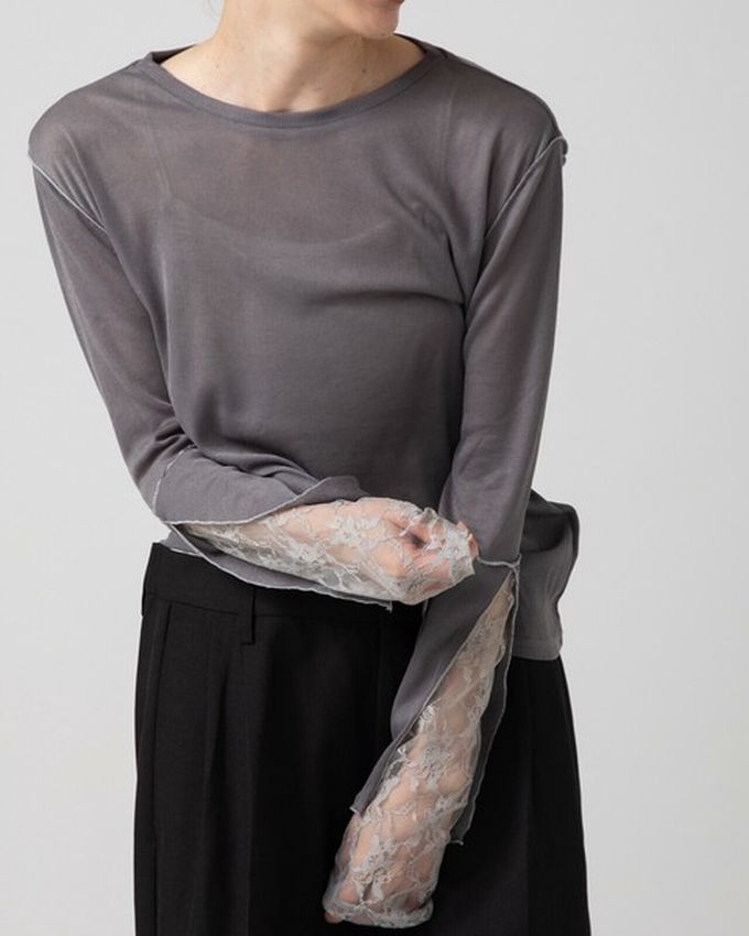 日本 gleam - 薄透合身蕾絲拼接長袖上衣-黑