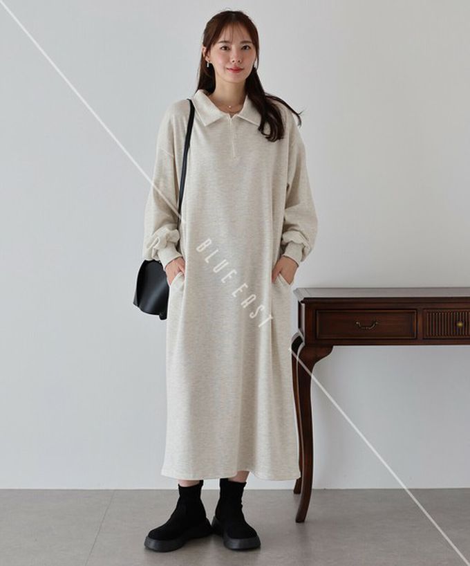 日本 BLUE EAST - 半拉鏈時尚休閒長袖洋裝-海軍藍