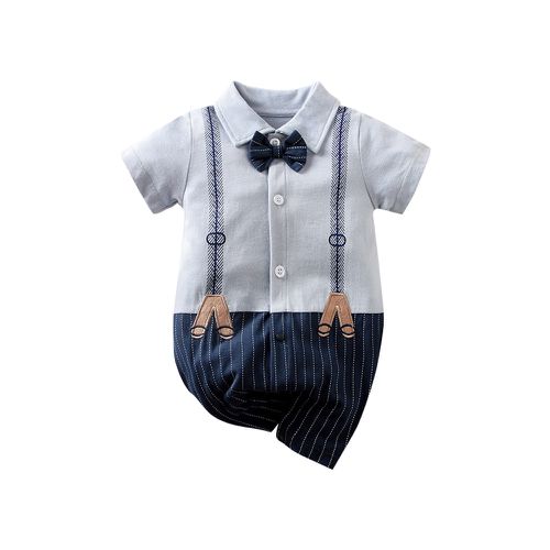 JoyNa - 短袖造型連身包屁衣 童裝 嬰兒連身衣 灰藍紳士-灰藍紳士款