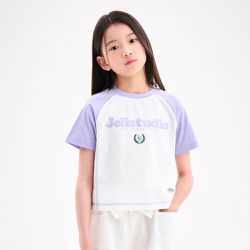 韓國 JELISTUDIO - 品牌標誌拼色短袖上衣-白X紫