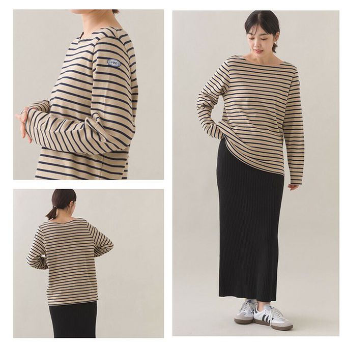 日本 OMNES - [必收款]100%棉 條紋船領長袖上衣-黑灰漸層