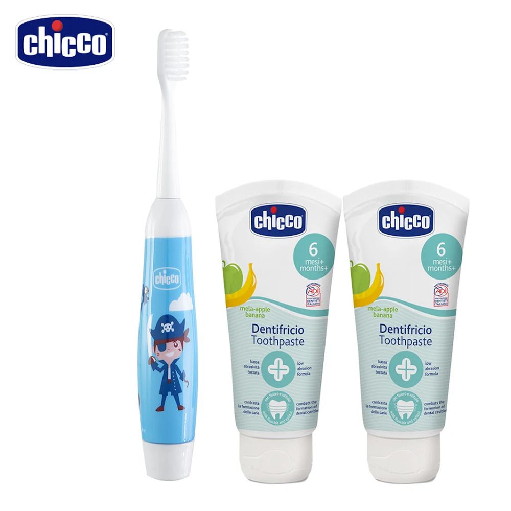 義大利 chicco - 兒童木醣醇含氟牙膏*2+電動牙刷(蘋果香蕉+海盜船長) (含氟量 1000ppm)