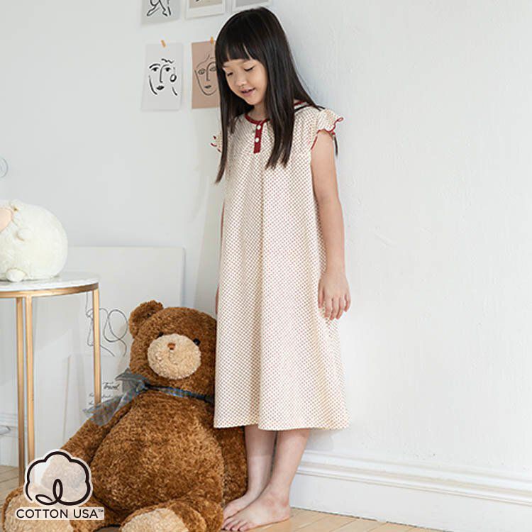 Annypepe - 女童純棉菱格紅點短袖居家睡衣洋裝-米 (120-150cm)