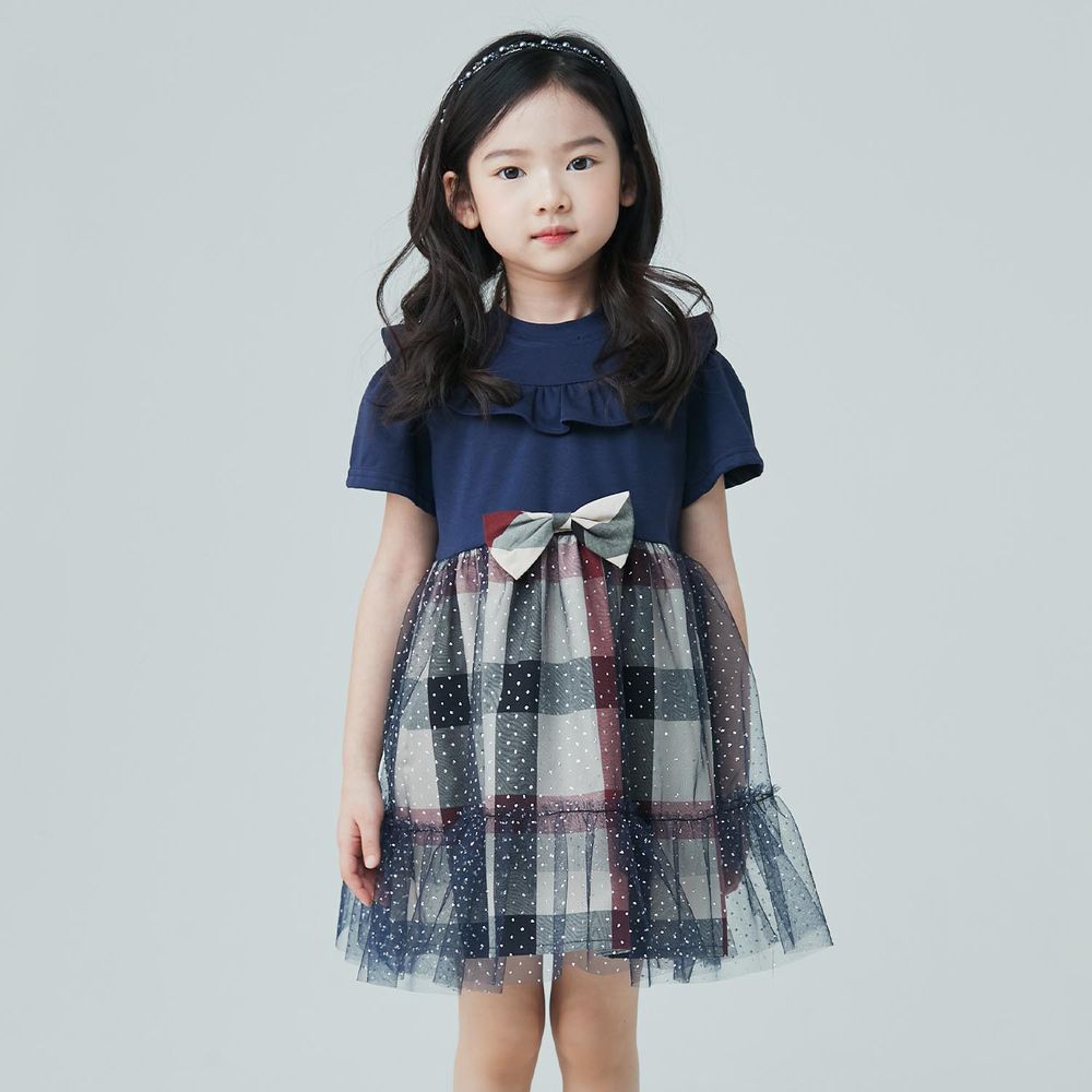 韓國 Coco Bang - 荷葉裝飾領網紗格紋裙洋裝