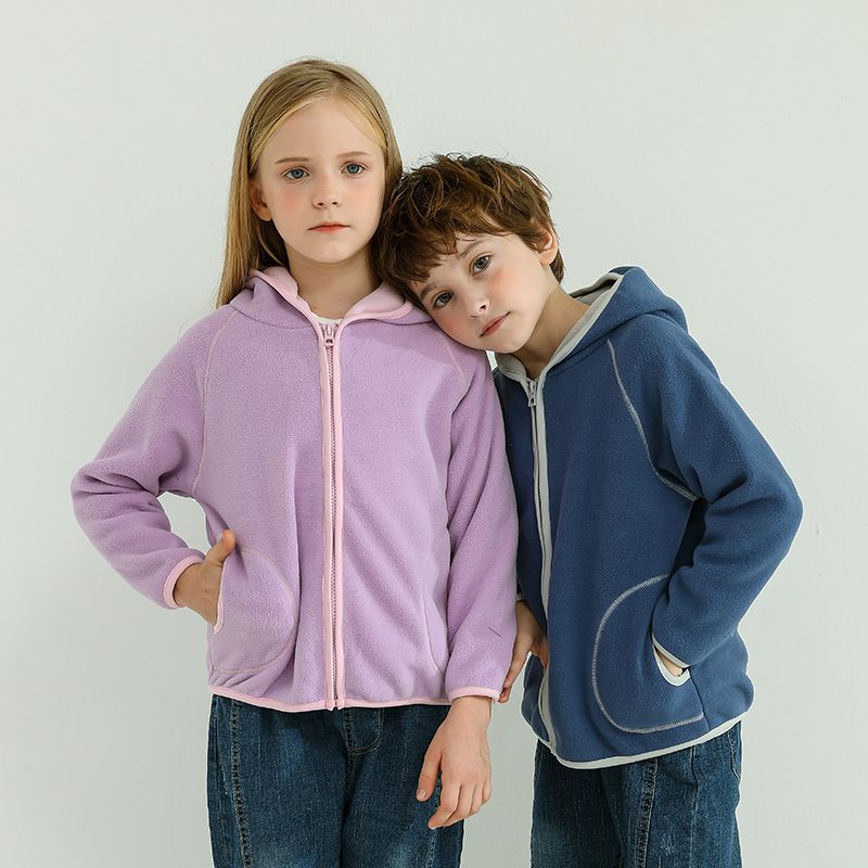 MAMDADKIDS - 搖粒絨連帽保暖外套-淺藍色x灰色