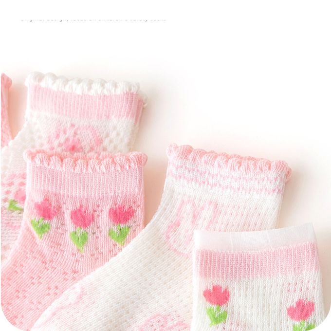 love, charlotte - 粉紅花朵兔兔網眼短筒棉襪 (XL (腳長19-21cm))-5 雙一組