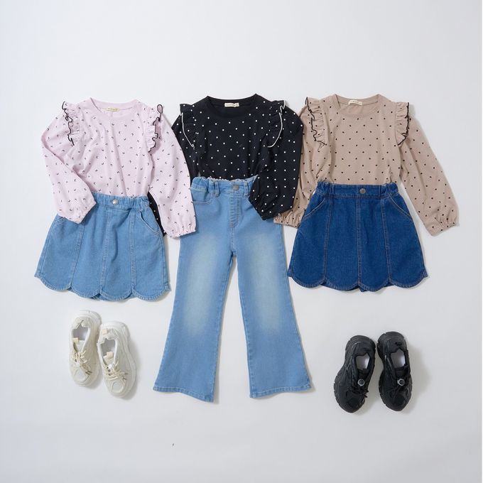 日本 Lycee mine - 100%棉 浪漫荷葉肩滿版印花長袖上衣-愛心-淺棕