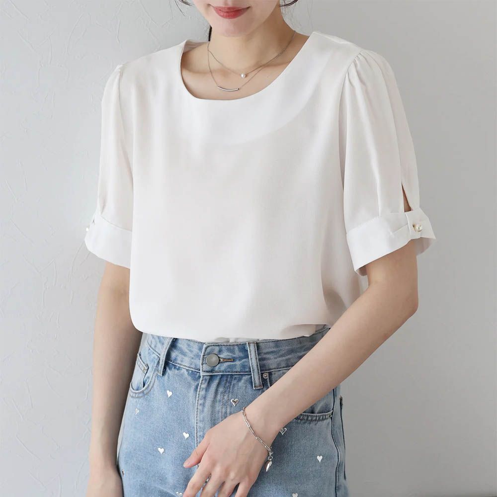 珍珠袖扣亞麻感氣質短袖上衣-白 (M)