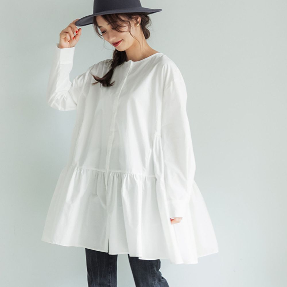 日本 COCA - 純棉荷葉裙襬寬版襯衫/洋裝/外套-白 (L)