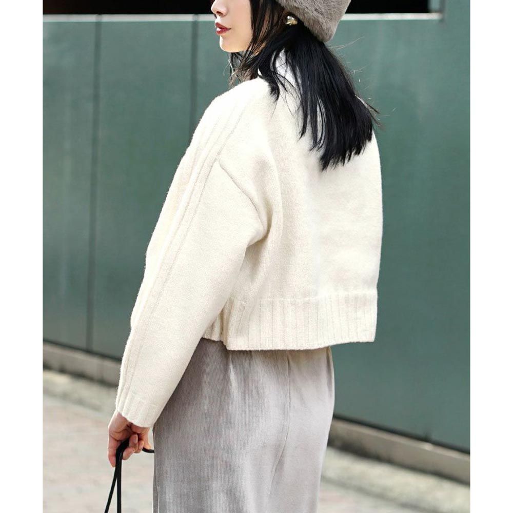 日本 zootie - 寬鬆立領羅紋針織短版毛衣-白