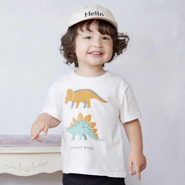 日本 petit main - 百搭印花短袖上衣-恐龍線條-卡其黃