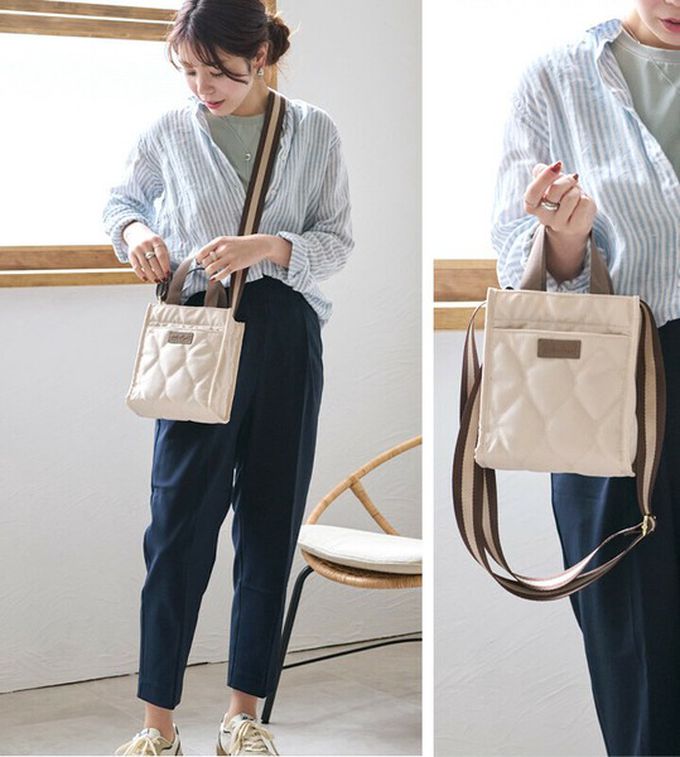 日本 LIZDAYS - 防潑水 輕巧絎縫方形側背小包-米白x棕